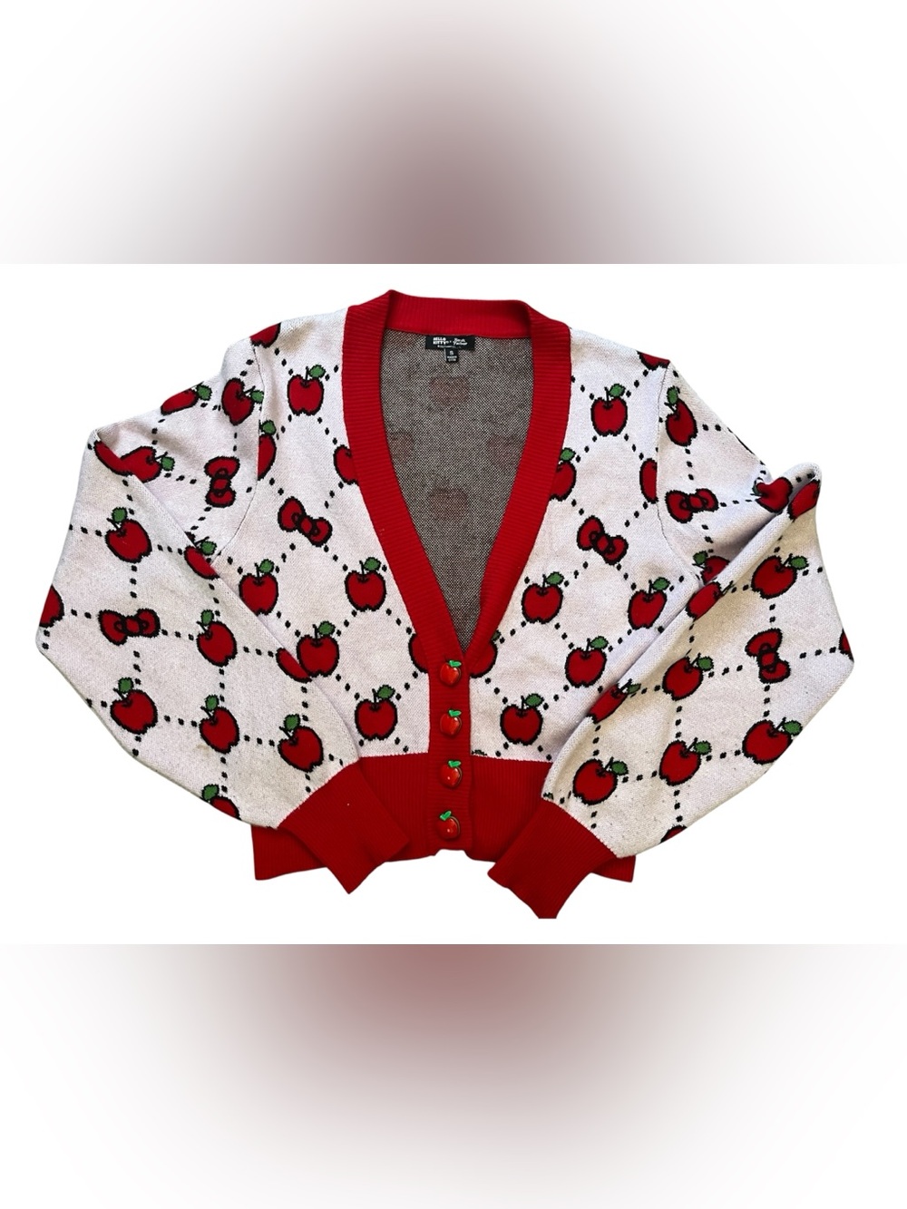 Hello Kitty x Smak Parlour Red Apple Bow Cardigan Long Sleeve Sz Small, Stain